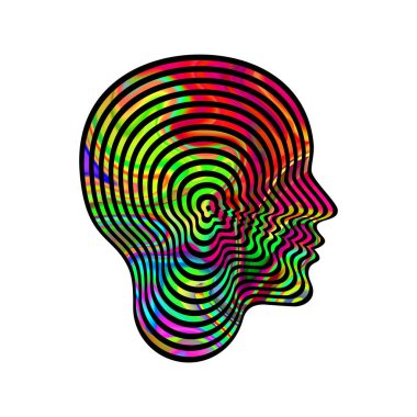Woman profile. Silhouette of head with concentric abstract psychedelic pattern. Optical illusion. Vector illustration isolated on white background.