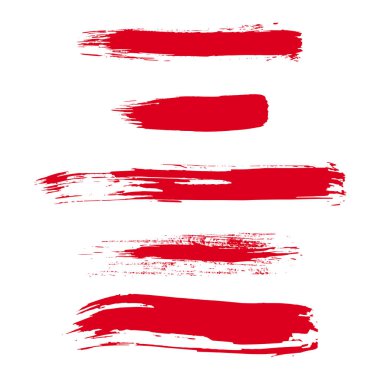 Red brush stroke set. Collection of painted grunge stripes. Ink paint, watercolor design, dirty grunge texture. Handdrawn design elements. Vector illustration isolated on white background.