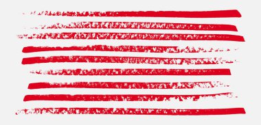 Red brush stroke set. Collection of painted grunge stripes. Ink paint, watercolor design, dirty grunge texture. Handdrawn design elements. Vector illustration isolated on white background.