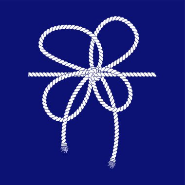 Rope bow isolated on navy background. Twisted cord with decorative loops and nautical knots. Braided rope decor. Vintage flat cartoon vector border.