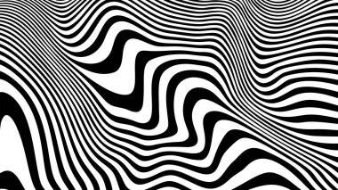 Trippy strip pattern. Horizontal background with black and white curved waves. Abstract optical illusion liquid shape. Ripple texture. Modern aesthetics of Swiss design wallpaper. Bauhaus vector art.