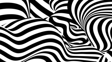 Trippy strip pattern. Horizontal background with black and white curved waves. Abstract optical illusion liquid shape. Ripple texture. Modern aesthetics of Swiss design wallpaper. Bauhaus vector art.