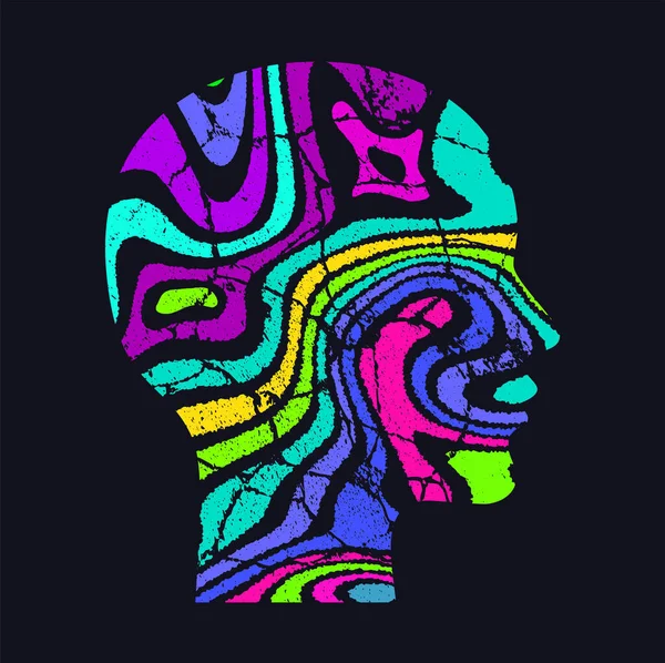 Kvinnoprofil Silhuett Huvud Med Neon Abstrakt Psykedeliskt Mönster Optisk Illusion — Stock vektor