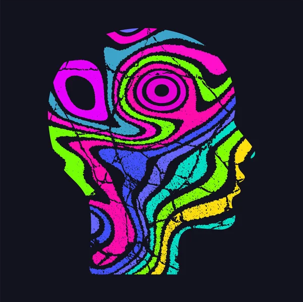 Frauenprofil Kopfsilhouette Mit Neonfarbenen Abstrakten Psychedelischen Mustern Optische Täuschung Vektor — Stockvektor