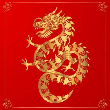 Geleneksel altın Çin ejderhası. Zodiac burcu. Kutsal hayvan, iyiliğin ve gücün sembolü. Asya, Japon maskotu ve dövmesi veya tişört vektör illüstrasyonu.