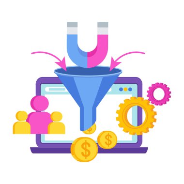 Conversion funnel. Digital inbound marketing tool to attract a client to the site. SEO optimization and consumer journey. Advertising on the Internet and social networks. Icon on white background.