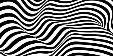 Trippy strip pattern. Horizontal background with black and white curved waves. Abstract optical illusion liquid shape. Ripple texture. Modern aesthetics of Swiss design wallpaper. Bauhaus vector art.