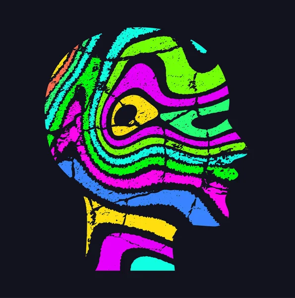 Frauenprofil Kopfsilhouette Mit Neonfarbenen Abstrakten Psychedelischen Mustern Optische Täuschung Vektor — Stockvektor