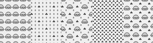 Burger Seamless Pattern Hamburger Motif Fast Food Line Emblem Ornament — Vetor de Stock