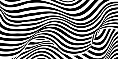 Trippy strip pattern. Horizontal background with black and white curved waves. Abstract optical illusion liquid shape. Ripple texture. Modern aesthetics of Swiss design wallpaper. Bauhaus vector art.