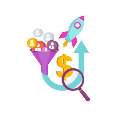 Conversion funnel. Digital inbound marketing tool to attract a client to the site. SEO optimization and consumer journey. Advertising on the Internet and social networks. Icon on white background.