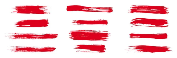 赤いブラシのストロークセット 塗装されたグランジストライプのコレクション インクペイント 水彩画のデザイン 汚れたグランジの質感 手書きのデザイン要素 白を基調としたベクトルイラスト — ストックベクタ