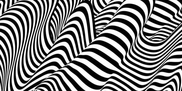 Trippy Strip Patroon Horizontale Achtergrond Met Zwart Wit Gebogen Golven — Stockvector