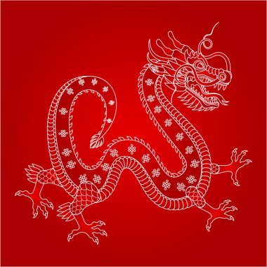 Geleneksel Çin ejderhası. 2024 Zodiac işareti. Kutsal hayvan, iyiliğin ve gücün sembolü. Asya, Japon maskotu ve dövmesi veya tişört vektör illüstrasyonu.