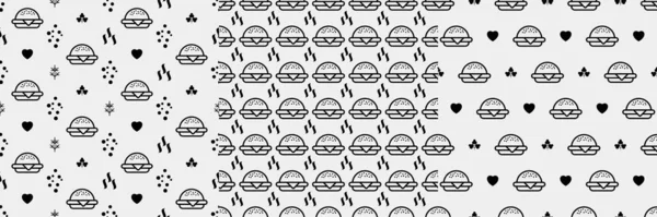 Burger Seamless Pattern Hamburger Motif Fast Food Line Emblem Ornament — Stok Vektör