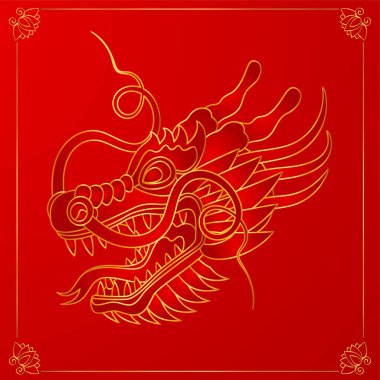 Geleneksel Çin ejderhası altın kafası. 2024 Zodiac işareti. Kutsal hayvan, iyiliğin ve gücün sembolü. Asya, Japon maskotu ve dövmesi veya tişört vektör illüstrasyonu.