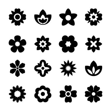 Düz siyah çiçek simgeleri ayarlandı. Basit bir çiçek silueti. Retro estetik elementler. Vektör illüstrasyonu.