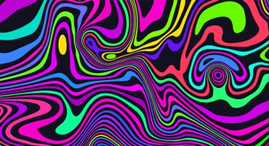 Trippy strip psychedelic model. Neon rengi dalgalı arka plan. Harika soyut duvar kâğıdı. Kıvrımlı sıvı doku izi. Vektör satırı illüstrasyonu.