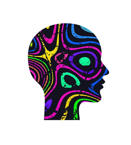 Woman Profile Silhouette Head Neon Abstract Psychedelic Pattern Optical Illusion — Stock Vector