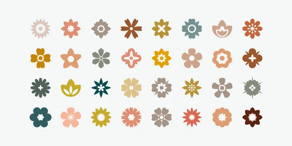 Επίπεδη Χρώμα Λουλουδιών Εικονίδια Που Απλή Σιλουέτα Λουλουδιών Ρετρό Αισθητικά — Διανυσματικό Αρχείο