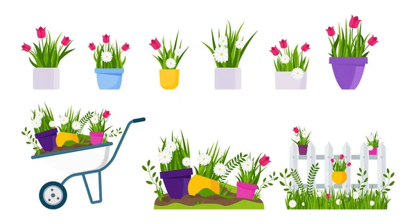 Jardim Primavera Cama Flores Mudas Vedação Ferramentas Jardinagem Carrinho Mão — Vetor de Stock