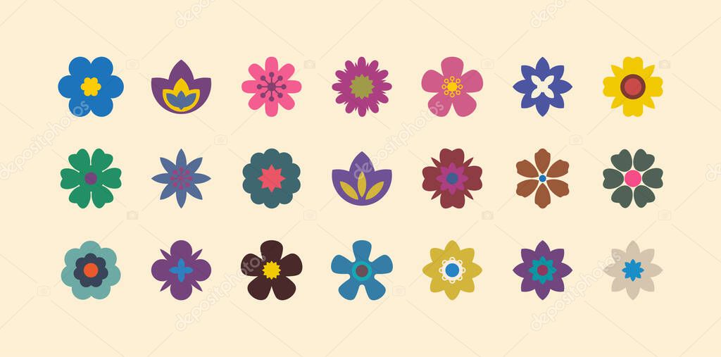 Groovy flower. Flat flower icons set. Retro 70s vector isolated elements. Hippie aesthetic style. Trippy funky geometric organic shapes. Psychedelic vintage decoration.