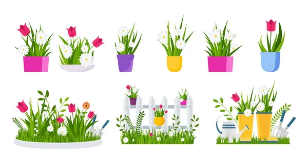 Jardim Primavera Cama Flores Mudas Vedação Ferramentas Jardinagem Carrinho Mão — Vetor de Stock