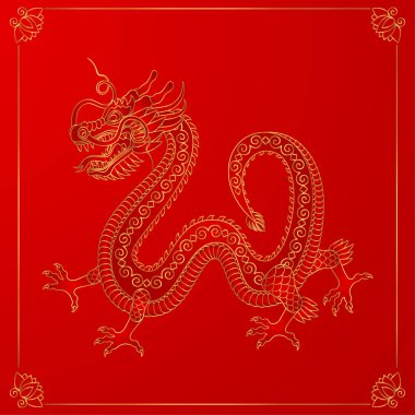 Geleneksel altın Çin ejderhası. 2024 Zodiac işareti. 2024 Kutsal Hayvan, iyiliğin ve gücün sembolü. Asya, Japon maskotu ve dövmesi veya tişört vektör illüstrasyonu.