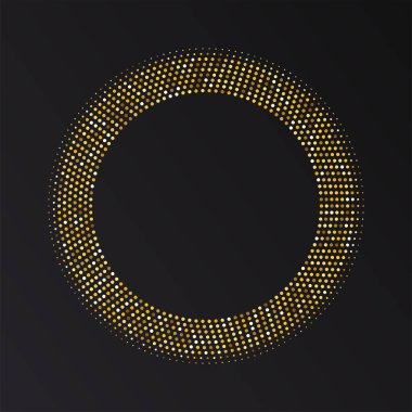 Altın yarı yuvarlak çerçeve. Altın lüks yarım daire logosu. Nokta amblemi. Noktalı doku kenarı. Vektör illüstrasyonu beyaz arkaplanda izole edildi.