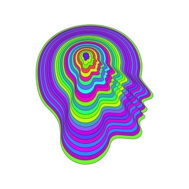 Woman profile. Silhouette of head with concentric abstract psychedelic pattern. Optical illusion. Vector illustration isolated on white background.