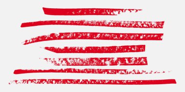 Red brush stroke set. Collection of painted grunge stripes. Ink paint, watercolor design, dirty grunge texture. Handdrawn design elements. Vector illustration isolated on white background.