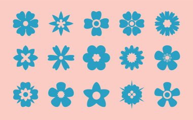 Harika bir çiçek. Düz çiçek simgeleri ayarlandı. Retro 70 vektör izole elementler. Hippi estetik tarzı. Tuhaf geometrik organik şekiller. Psikedelik vintage dekorasyon.