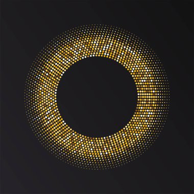 Altın yarı yuvarlak çerçeve. Altın lüks yarım daire logosu. Nokta amblemi. Noktalı doku kenarı. Vektör illüstrasyonu beyaz arkaplanda izole edildi.