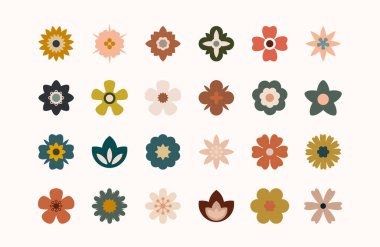 Düz çiçek rengi simgeleri ayarlandı. Basit bir çiçek silueti. Retro estetik elementler. Vektör illüstrasyonu.