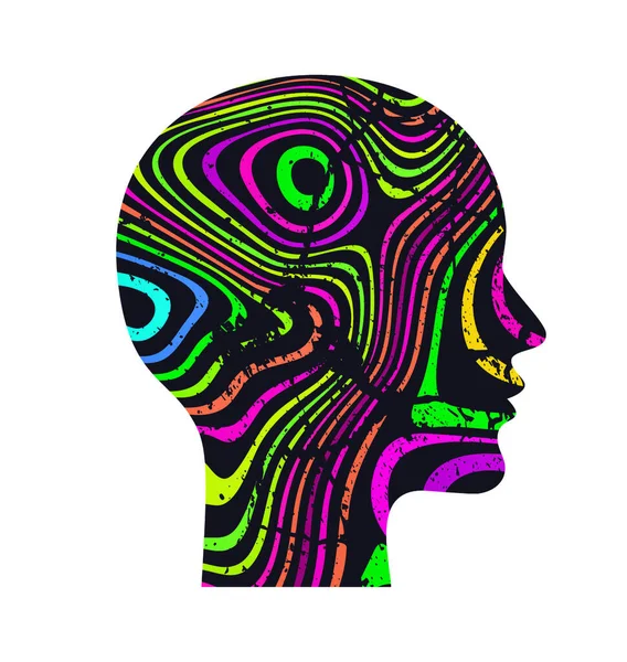 stock vector Woman profile. Silhouette of head with concentric abstract psychedelic pattern. Optical illusion. Vector illustration isolated on white background.