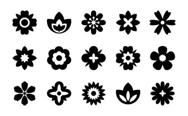Düz siyah çiçek simgeleri ayarlandı. Basit bir çiçek silueti. Retro estetik elementler. Vektör illüstrasyonu.