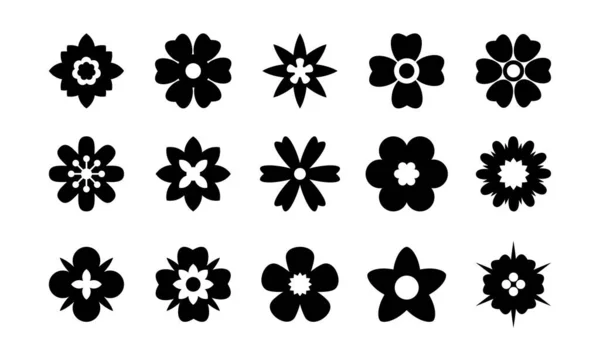Conjunto Iconos Flor Negra Plana Silueta Flor Simple Elementos Estéticos — Archivo Imágenes Vectoriales