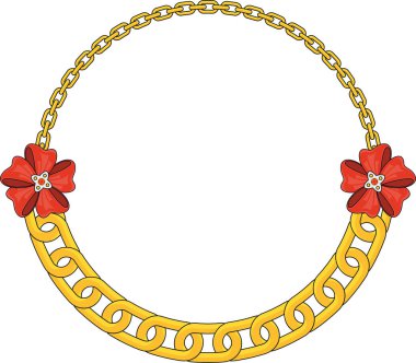 Round Chain frame. Circle chains border. Boho bracelet with pendants, rope, bow. Vintage flat cartoon vector illustration isolated on white background.