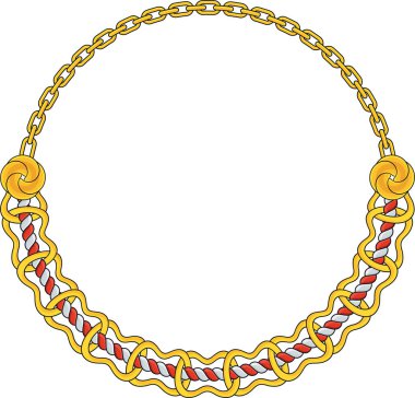Round Chain frame. Circle chains border. Boho bracelet with pendants, rope, bow. Vintage flat cartoon vector illustration isolated on white background.