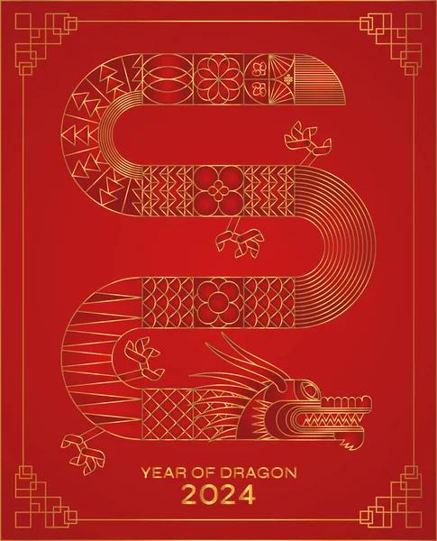 Luxury Red Gold Αφηρημένη Γεωμετρικό Κινέζικο Δράκο Μοντέρνο Σχέδιο Ζωδιακός — Διανυσματικό Αρχείο