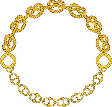 Round Chain frame. Circle chains border. Boho bracelet with pendants, rope, bow. Vintage flat cartoon vector illustration isolated on white background.