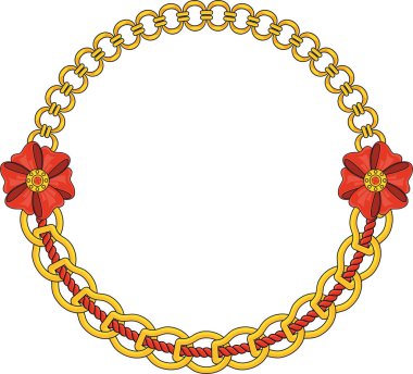 Round Chain frame. Circle chains border. Boho bracelet with pendants, rope, bow. Vintage flat cartoon vector illustration isolated on white background.