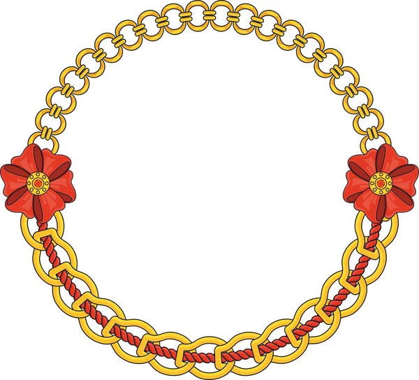 Round Chain frame. Circle chains border. Boho bracelet with pendants, rope, bow. Vintage flat cartoon vector illustration isolated on white background.