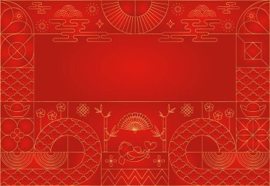 Geometrik Çin deseni. Asyalı, Japon geleneksel motifi. Modern minimalist tasarım, geometri şekilleri. Bauhaus üçgeni ve kare çizgi sanatı. Lüks bir geçmişi var. Vektör yaratıcı şablon.