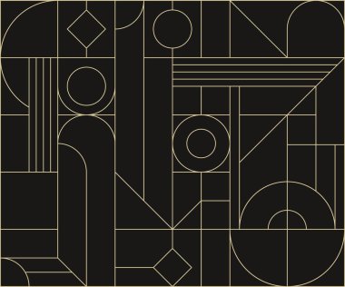 Altın rengi, lüks, soyut geometri davetiye kartı. Geometrik sanat deco çerçevesi. Modern minimalist tasarım. Bauhaus üçgeni ve kare şekilleri. Çizgi sanatı. Lüks bir geçmişi var. Vektör yaratıcı şablon.