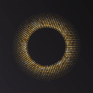 Altın yarı yuvarlak çerçeve. Altın lüks yarım daire logosu. Nokta amblemi. Noktalı doku kenarı. Vektör illüstrasyonu beyaz arkaplanda izole edildi.