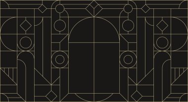 Altın rengi, lüks, soyut geometri davetiye kartı. Geometrik sanat deco çerçevesi. Modern minimalist tasarım. Bauhaus üçgeni ve kare şekilleri. Çizgi sanatı. Lüks bir geçmişi var. Vektör yaratıcı şablon.