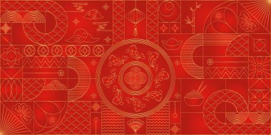 Geometrik Çin deseni. Asyalı, Japon geleneksel motifi. Modern minimalist tasarım, geometri şekilleri. Bauhaus üçgeni ve kare çizgi sanatı. Lüks bir geçmişi var. Vektör yaratıcı şablon.