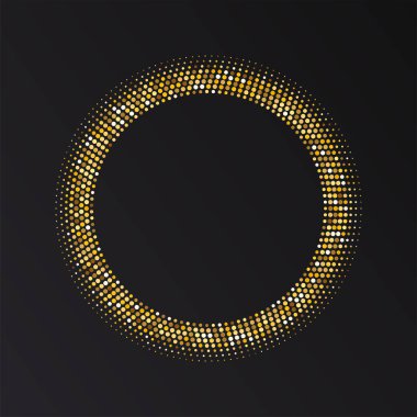Altın yarı yuvarlak çerçeve. Altın lüks yarım daire logosu. Nokta amblemi. Noktalı doku kenarı. Vektör illüstrasyonu beyaz arkaplanda izole edildi.