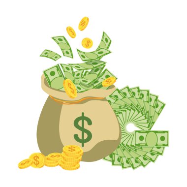 Paralı para çantası. Bozuk paralar ve banknotlar. Bankacılık, finans ve zenginlik simgesi. Vektör illüstrasyonu beyaza izole edildi.